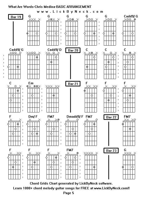 Chord Grids Chart of chord melody fingerstyle guitar song-What Are Words-Chris Medina-BASIC ARRANGEMENT,generated by LickByNeck software.